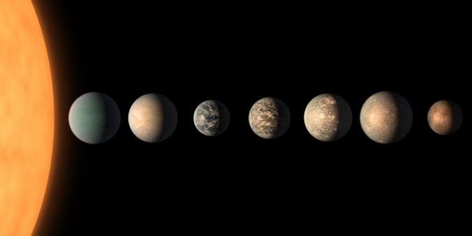 艺术家展示的 TRAPPIST-1 行星系统概念图?；谟泄匦行侵本?、质量和与主星距离的可用数据。韦布天文望远镜预计将于2022年夏天开始科学观测。（NASA/JPL）