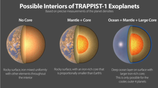 围绕它们的主星运行的TRAPPIST-1 地外行星的三个可能的内部结构，距离我们相对较近，仅41光年。所有七颗行星的密度都非常相似，因此它们可能具有相似的成分。（NASA/JPL）